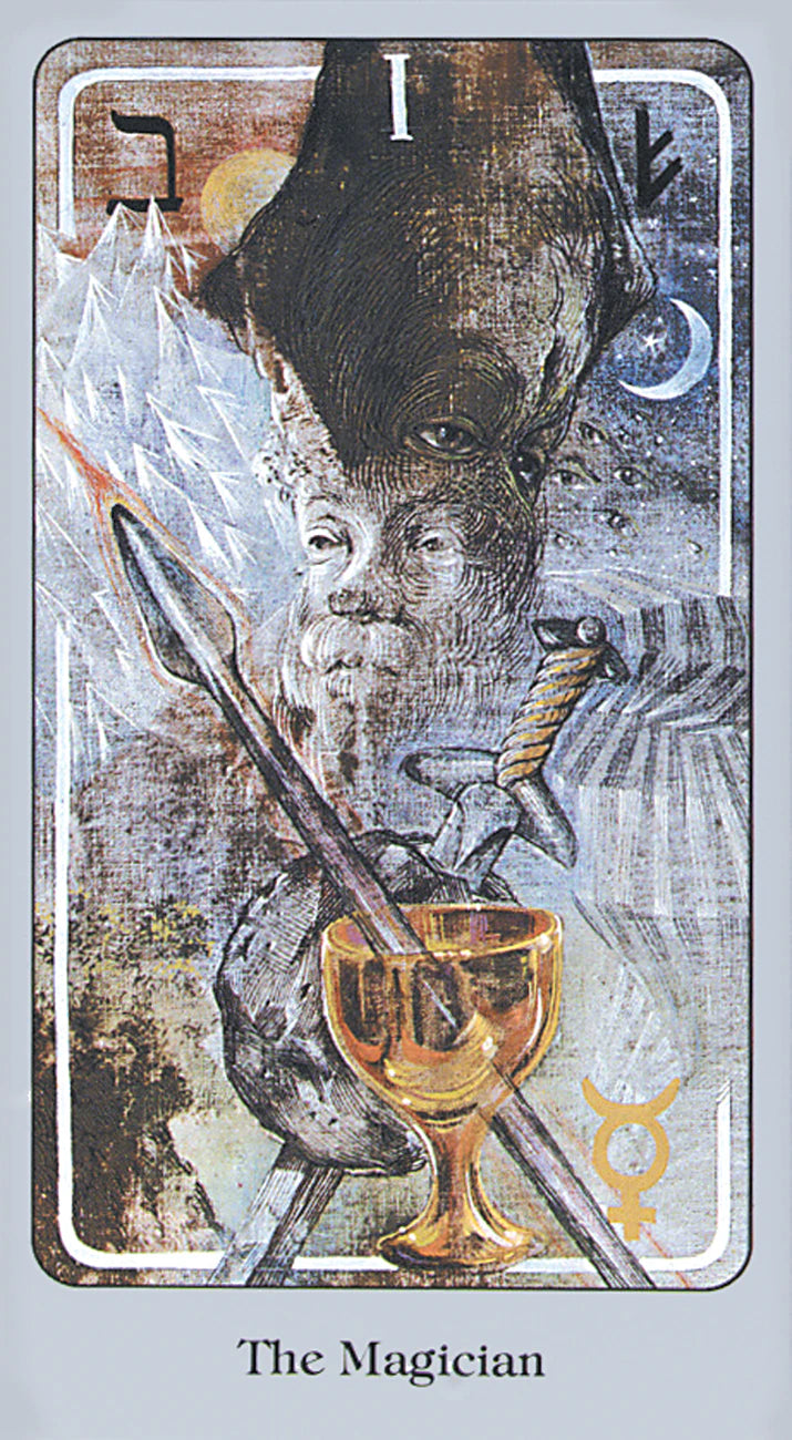 Tarot card featuring 'The Magician' with a person holding a sword and a cup, on a light gray background.