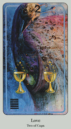 Tarot card titled 'Two of Cups' with artistic design and text.