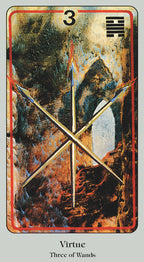 Card from a tarot deck titled 'Three of Wands' with a warrior and crossed swords design.