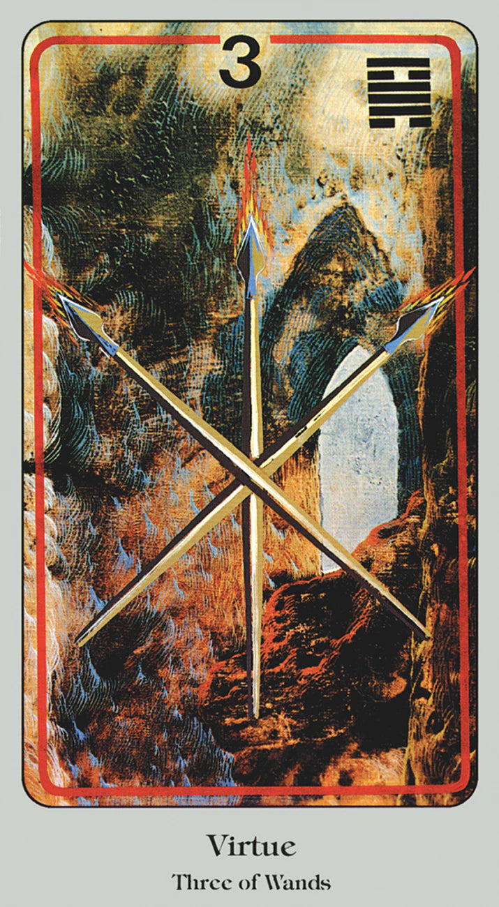 Card from a tarot deck titled 'Three of Wands' with a warrior and crossed swords design.