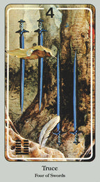 Card from a tarot deck titled 'Four of Swords' with three swords and a feather on a textured background.