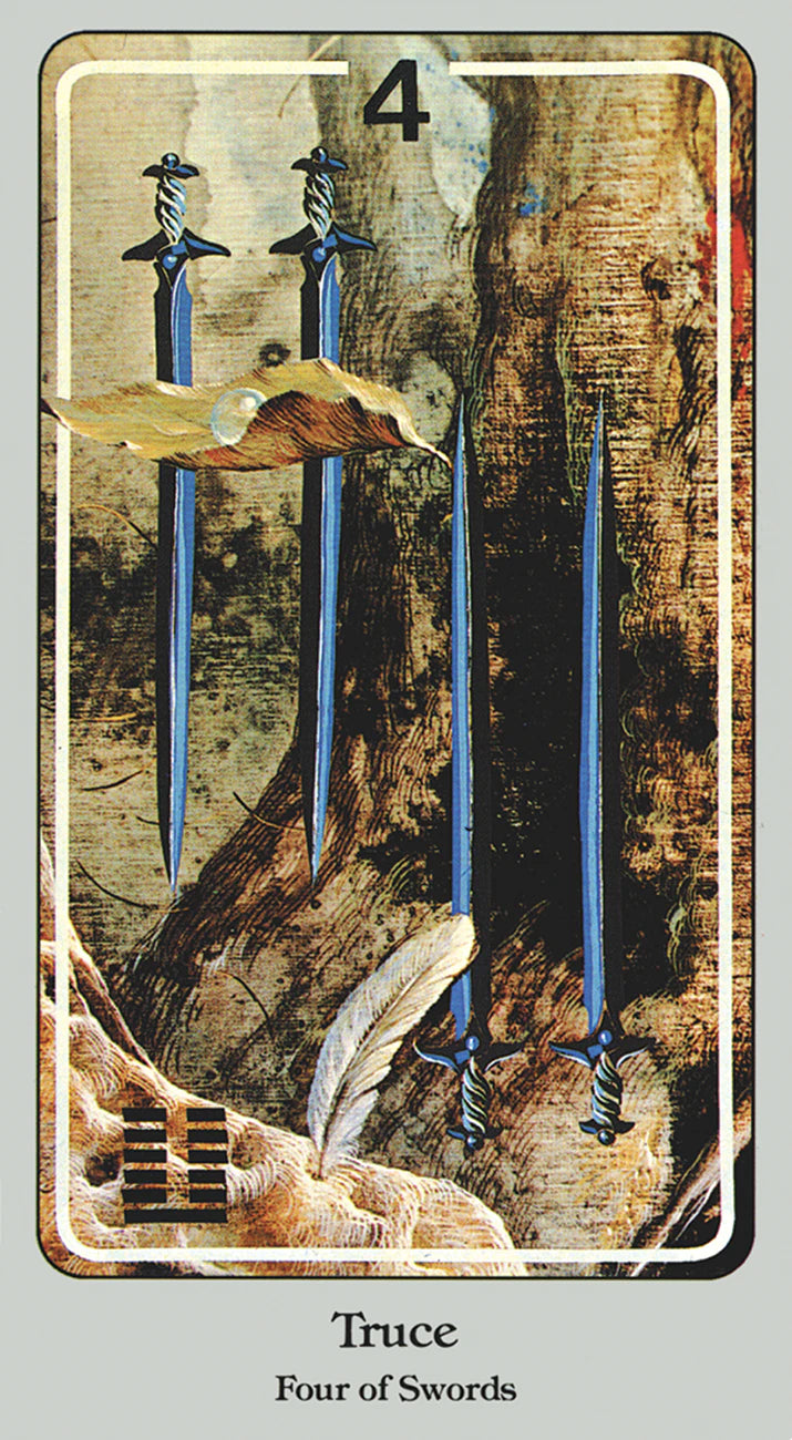 Card from a tarot deck titled 'Four of Swords' with three swords and a feather on a textured background.
