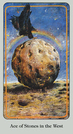 Card titled 'Ace of Stones in the West' featuring a large stone with a bird on top against a blue sky.