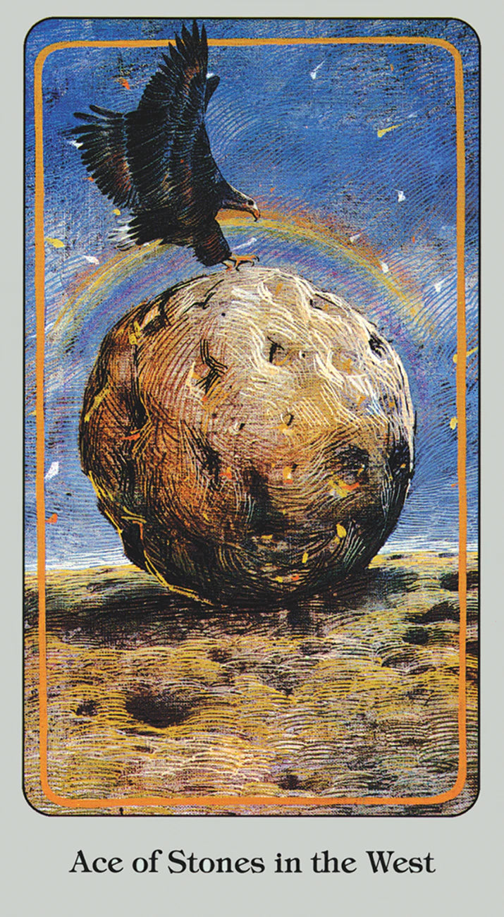 Card titled 'Ace of Stones in the West' featuring a large stone with a bird on top against a blue sky.