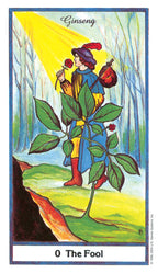 Card from a tarot deck featuring a figure with a ginseng plant, labeled 'Ginseng' and 'The Fool'.