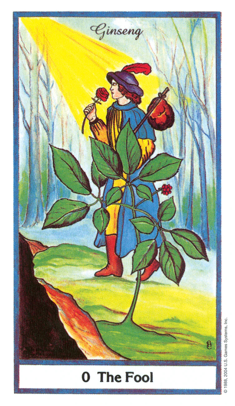 Card from a tarot deck featuring a figure with a ginseng plant, labeled 'Ginseng' and 'The Fool'.