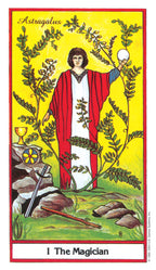 Card from a tarot deck featuring a figure labeled 'The Magician' with astrological symbol 'Astragalus'.