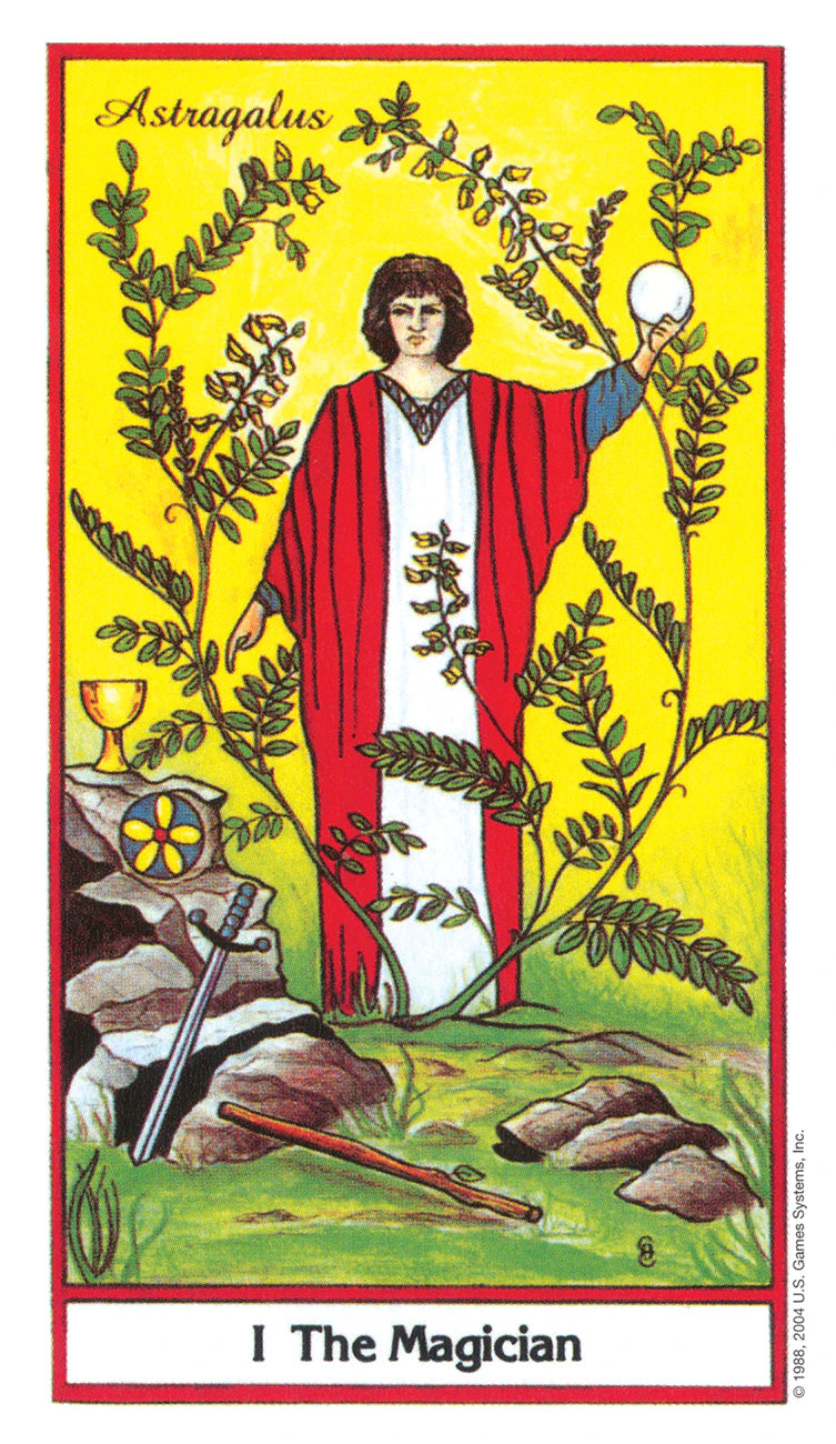 Card from a tarot deck featuring a figure labeled 'The Magician' with astrological symbol 'Astragalus'.
