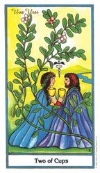 Tarot card featuring two people holding cups under a tree with berries, labeled 'Two of Cups'.