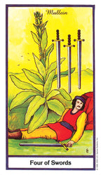 Card from a tarot deck featuring a plant and three swords, labeled 'Four of Swords'.