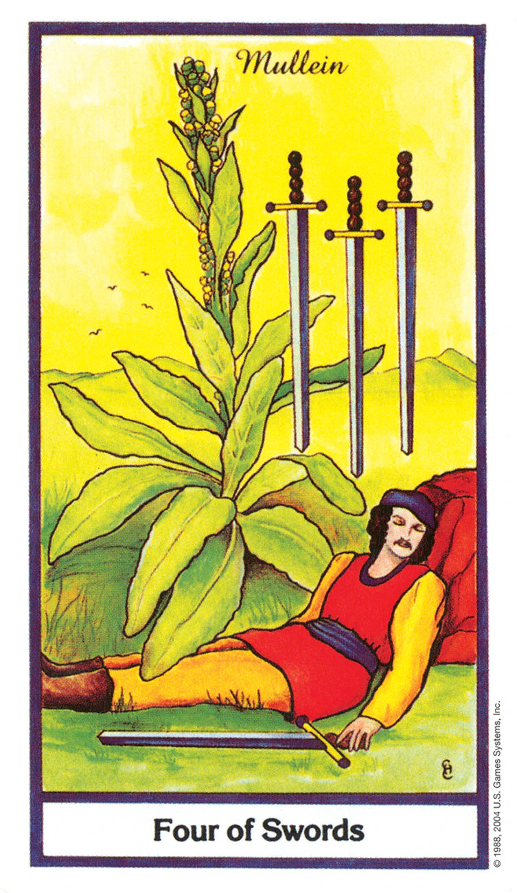 Card from a tarot deck featuring a plant and three swords, labeled 'Four of Swords'.