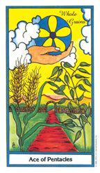 Card from a tarot deck titled 'Ace of Pentacles' featuring a hand holding a wheel with wheat and a path.