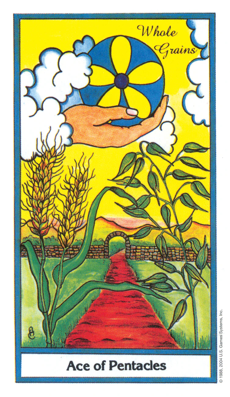 Card from a tarot deck titled 'Ace of Pentacles' featuring a hand holding a wheel with wheat and a path.