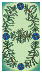 Decorative design with green leaves and blue flowers on a light green background
