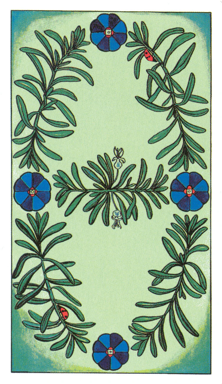 Decorative design with green leaves and blue flowers on a light green background