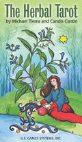 Book cover of 'The Herbal Tarot' by Michael Tierra and Candis Cantin with a woman sitting under a tree and plants.