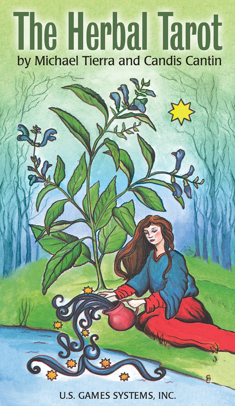 Book cover of 'The Herbal Tarot' by Michael Tierra and Candis Cantin with a woman sitting under a tree and plants.