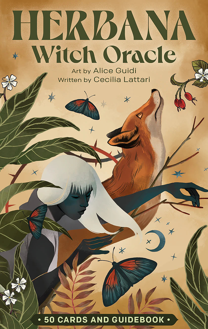 Cover of 'Herbana Witch Oracle' with a fox, woman, and nature elements.