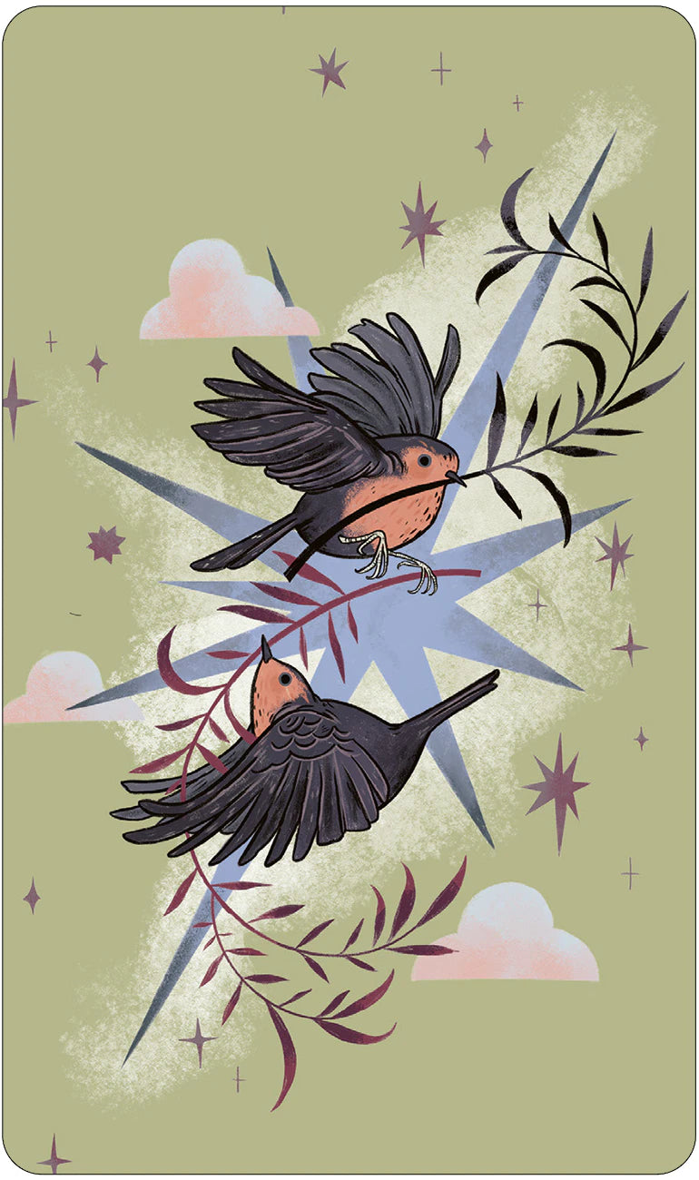 Illustration of two birds on a branch with abstract shapes and stars on a green background