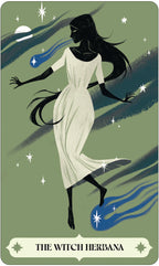 Illustration of a witch in a white dress with a green background