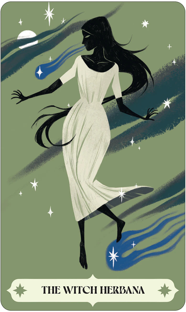 Illustration of a witch in a white dress with a green background