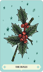 Illustration of holly leaves and berries on a light blue background with 'The Holly' text.