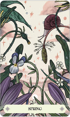 Card with floral design and the word 'Spring' on a pastel background