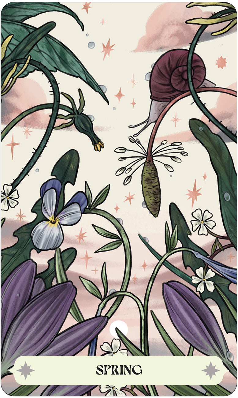 Card with floral design and the word 'Spring' on a pastel background