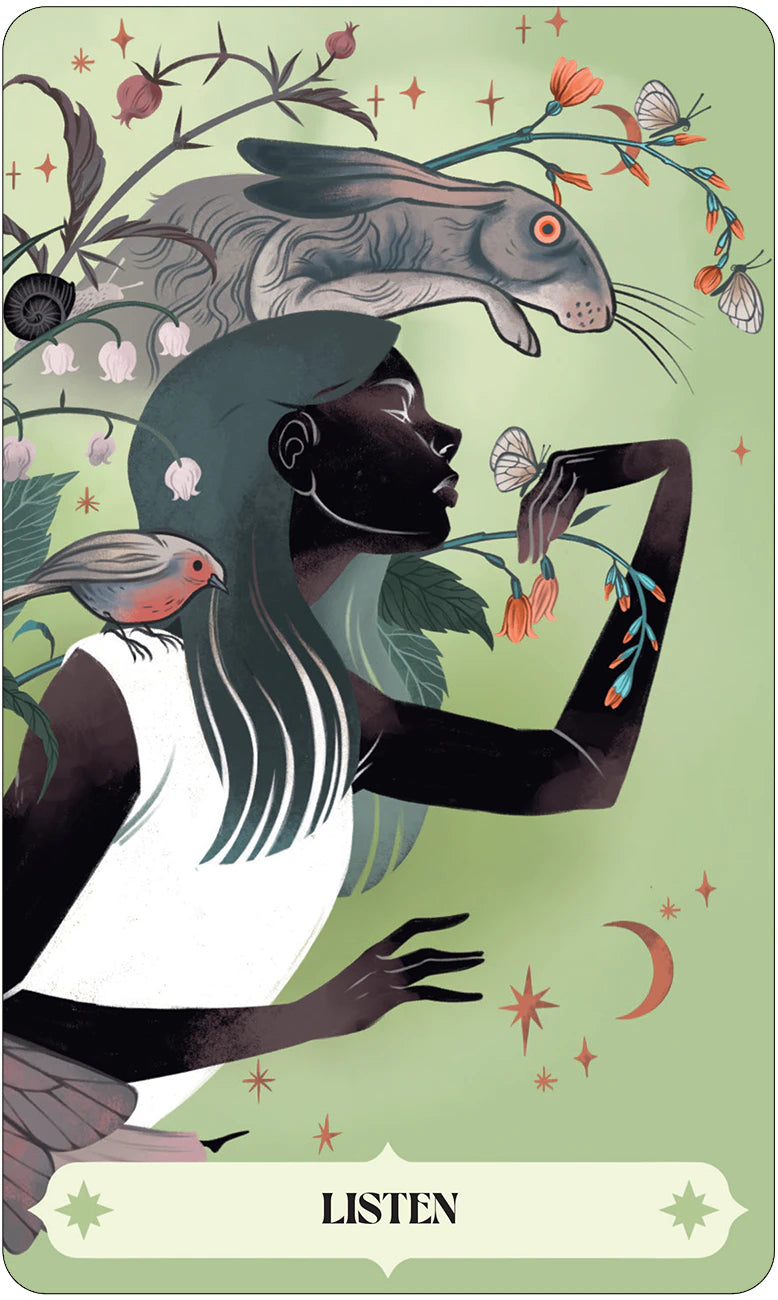 Illustration of a person with fish on their head surrounded by nature elements with 'Listen' text.