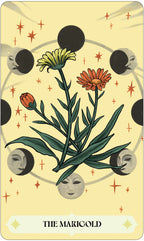 Card featuring a marigold flower with astrological symbols and faces on a yellow background
