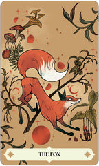 Illustration of a fox among mushrooms and plants on a beige background