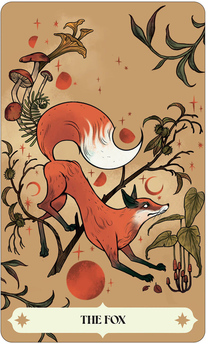 Illustration of a fox among mushrooms and plants on a beige background