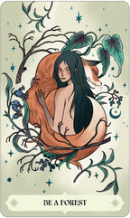 Illustration of a woman with fox ears surrounded by nature elements on a beige background.