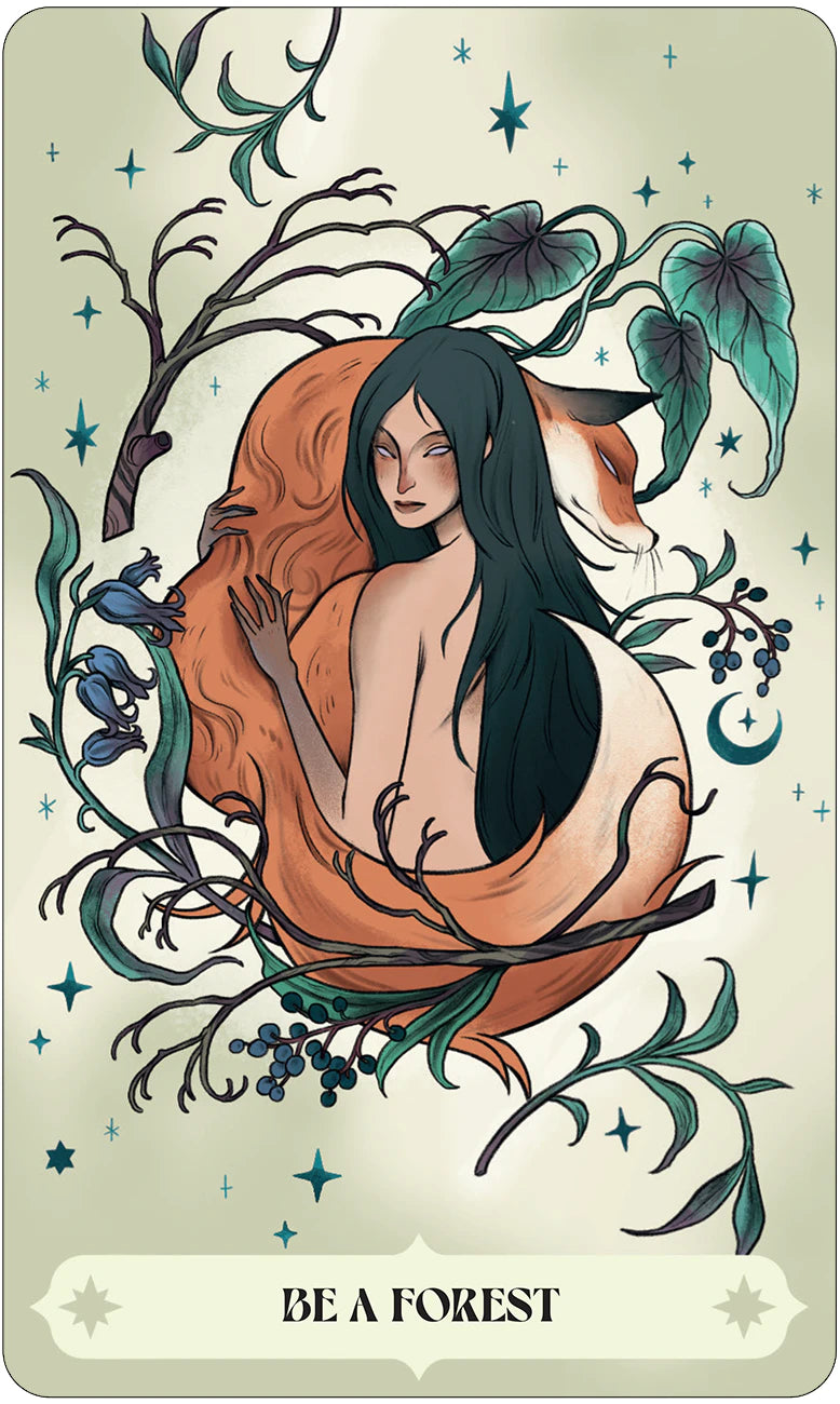 Illustration of a woman with fox ears surrounded by nature elements on a beige background.