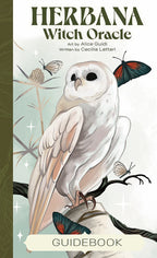 Cover of 'Herbana Witch Oracle Guidebook' with an owl and butterflies on a branch.