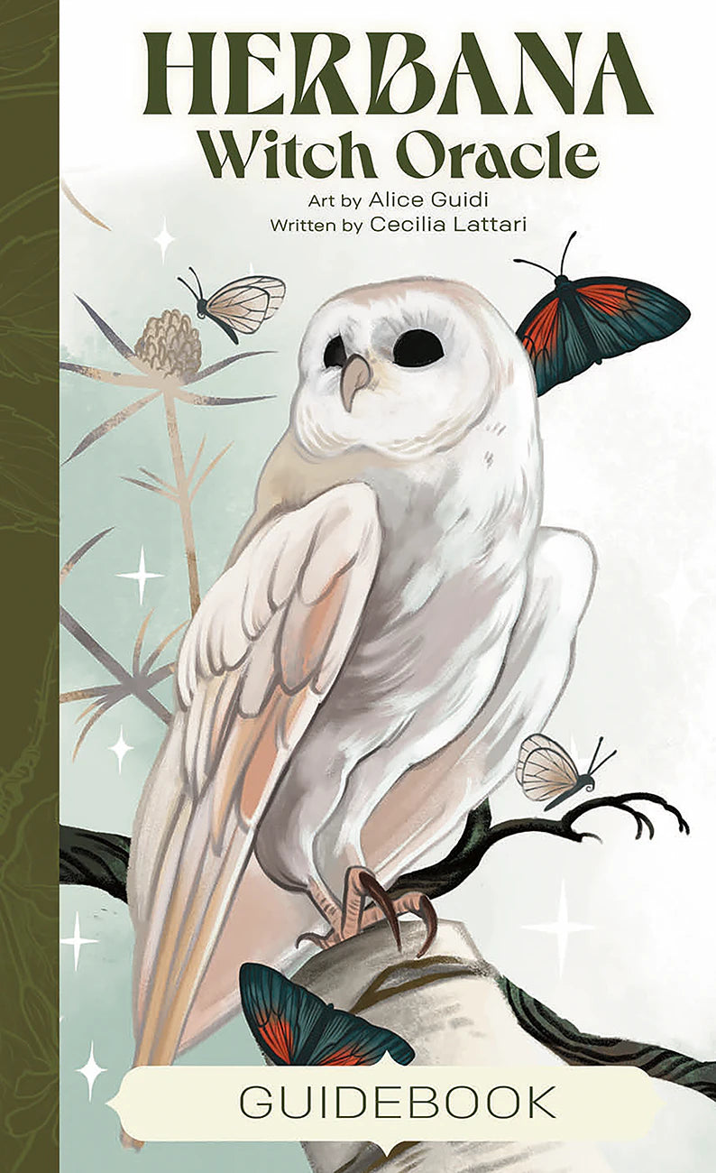 Cover of 'Herbana Witch Oracle Guidebook' with an owl and butterflies on a branch.
