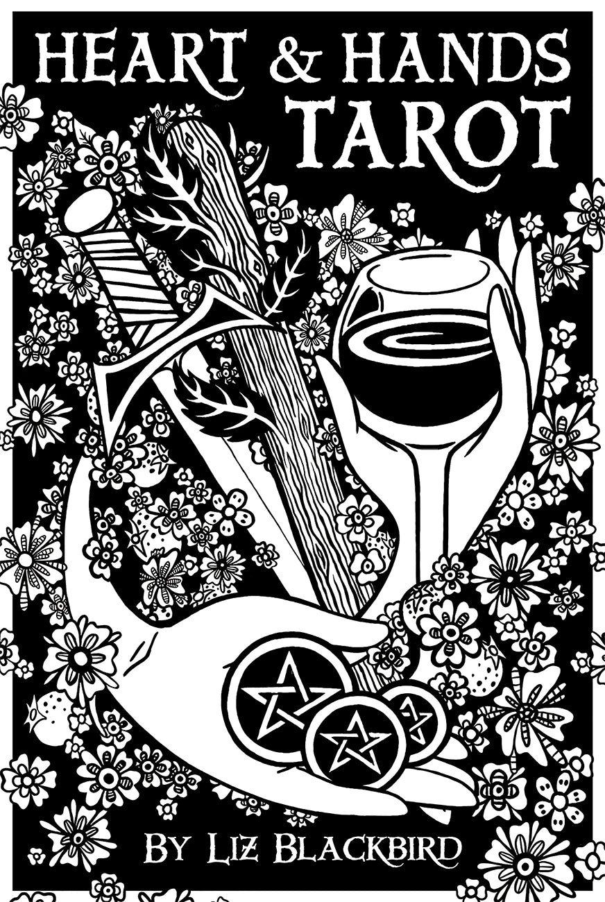 Cover of 'Heart & Hands Tarot' by Liz Blackbird with black and white design elements.