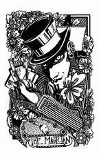 Illustration of 'The Magician' tarot card with intricate details and flowers.