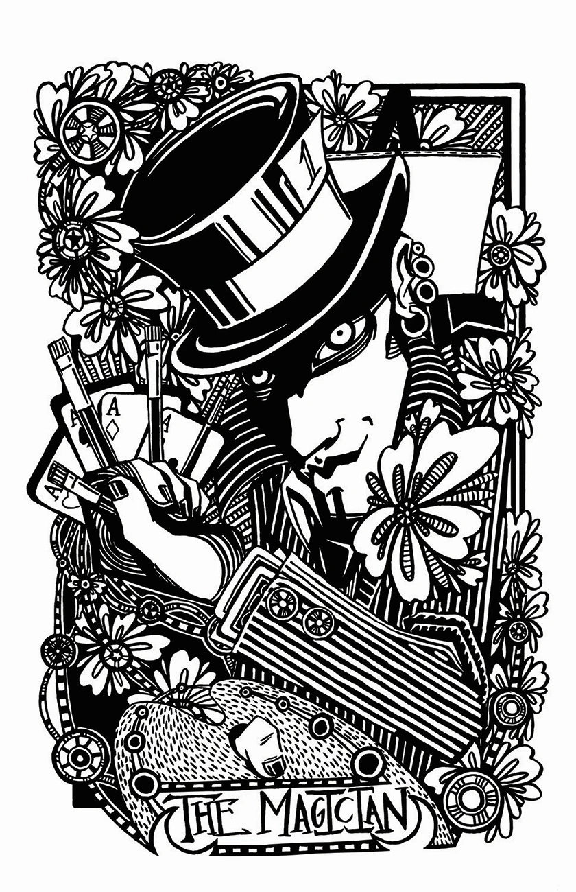 Illustration of 'The Magician' tarot card with intricate details and flowers.