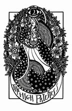 Black and white illustration of 'The High Priestess' tarot card with floral and celestial elements.