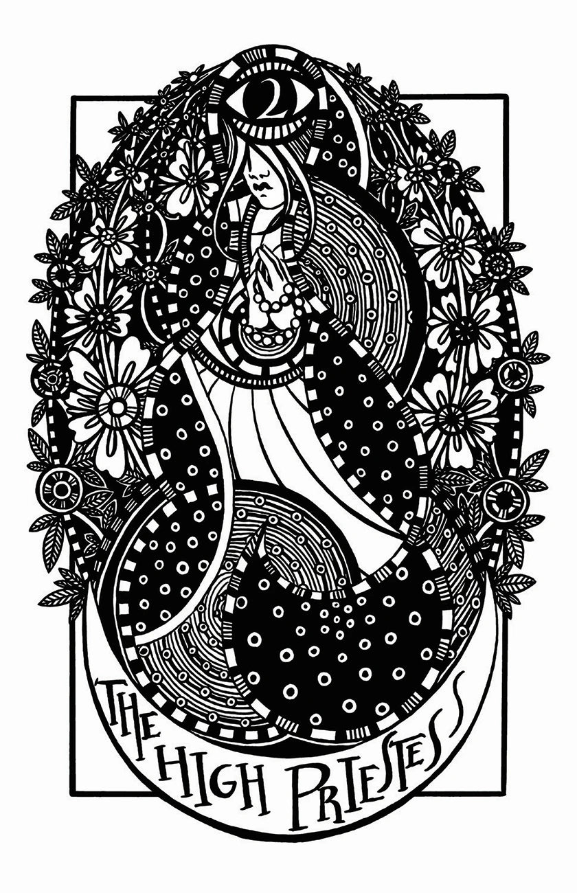 Black and white illustration of 'The High Priestess' tarot card with floral and celestial elements.