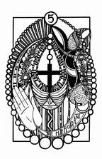 Black and white illustration with decorative elements and a number 5 inside a circle.