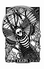 Black and white illustration of a tarot card featuring a skull and butterfly with the number 13, labeled 'Death'.