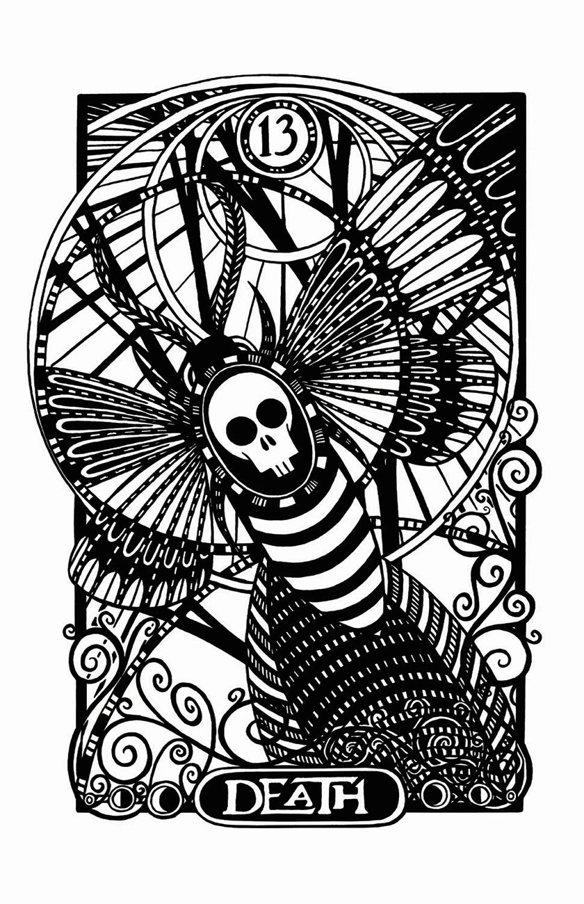 Black and white illustration of a tarot card featuring a skull and butterfly with the number 13, labeled 'Death'.