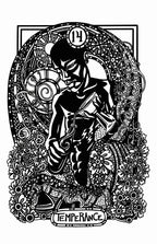 Black and white illustration of a tarot card character with decorative elements and 'Temperance' text.