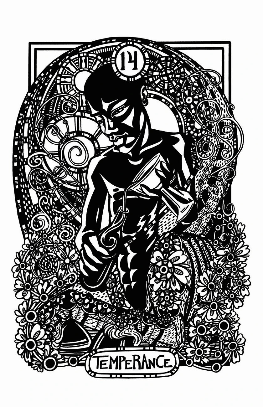 Black and white illustration of a tarot card character with decorative elements and 'Temperance' text.