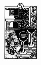 Black and white illustration of a room with wine glasses, a fireplace, and decorative elements.