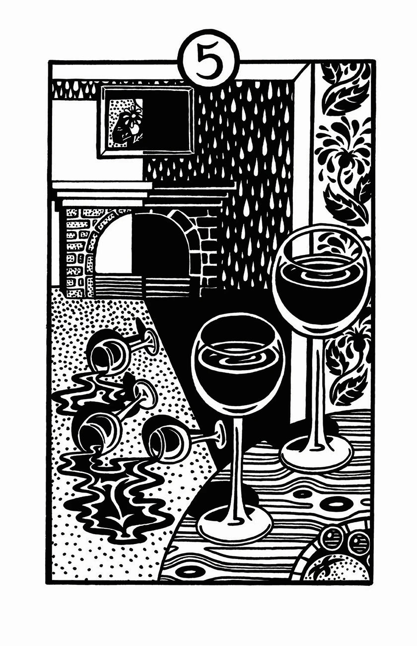 Black and white illustration of a room with wine glasses, a fireplace, and decorative elements.