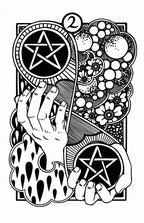 Black and white illustration with hands, pentagrams, and floral elements on a white background