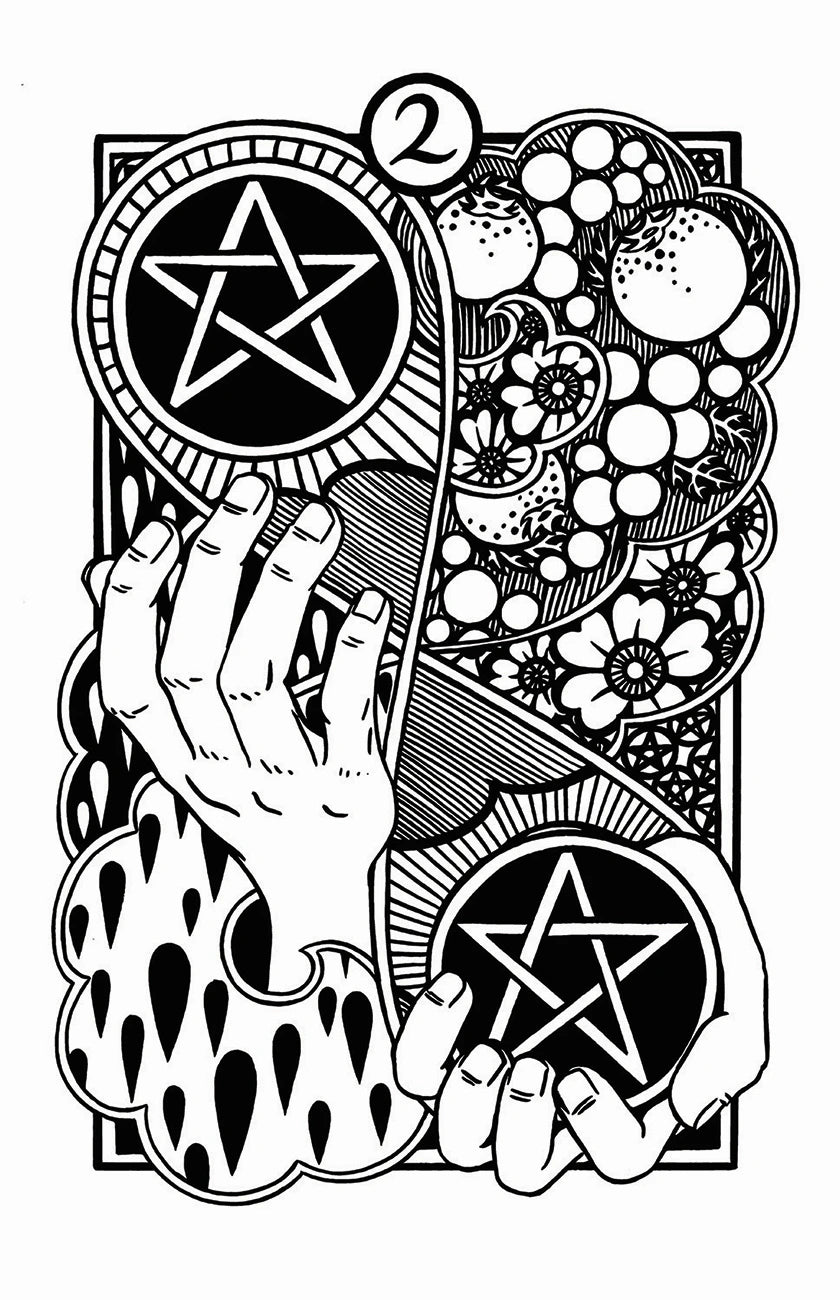 Black and white illustration with hands, pentagrams, and floral elements on a white background